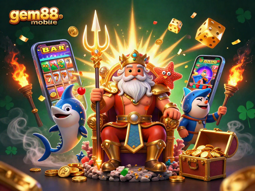 Engage with gem88-mobile's thrilling 3D illustration depicting dynamic casino scenes and vibrant game elements.