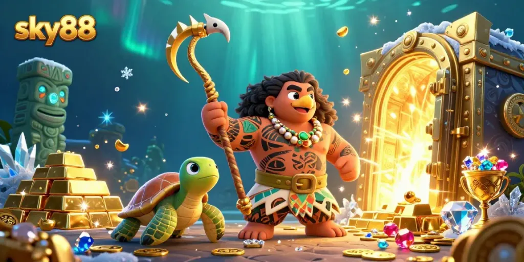 Engage in exciting games at sky88, depicted as a vibrant 3D scene filled with treasures and characters.