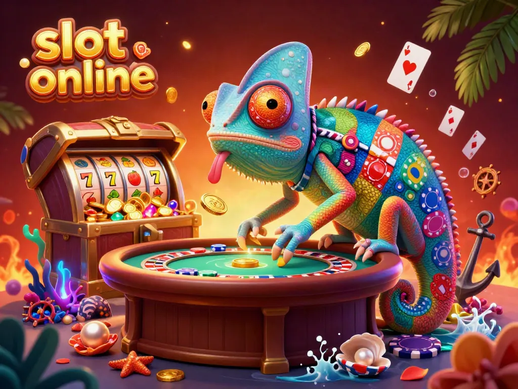 Engage with slot online games in this vibrant 3D illustration featuring a chameleon's unique casino atmosphere.