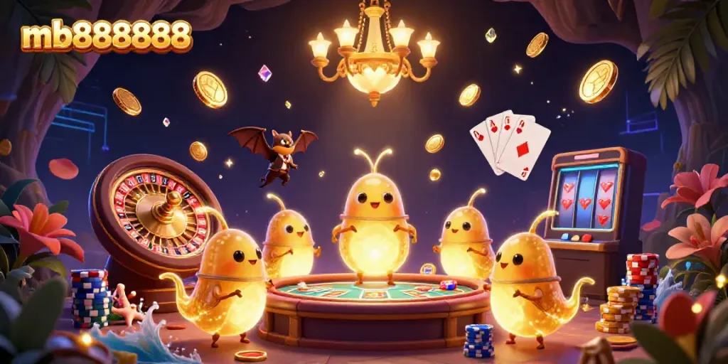 Experience an exciting 3D casino scene with mb888888, featuring glowing characters and vibrant gambling elements.
