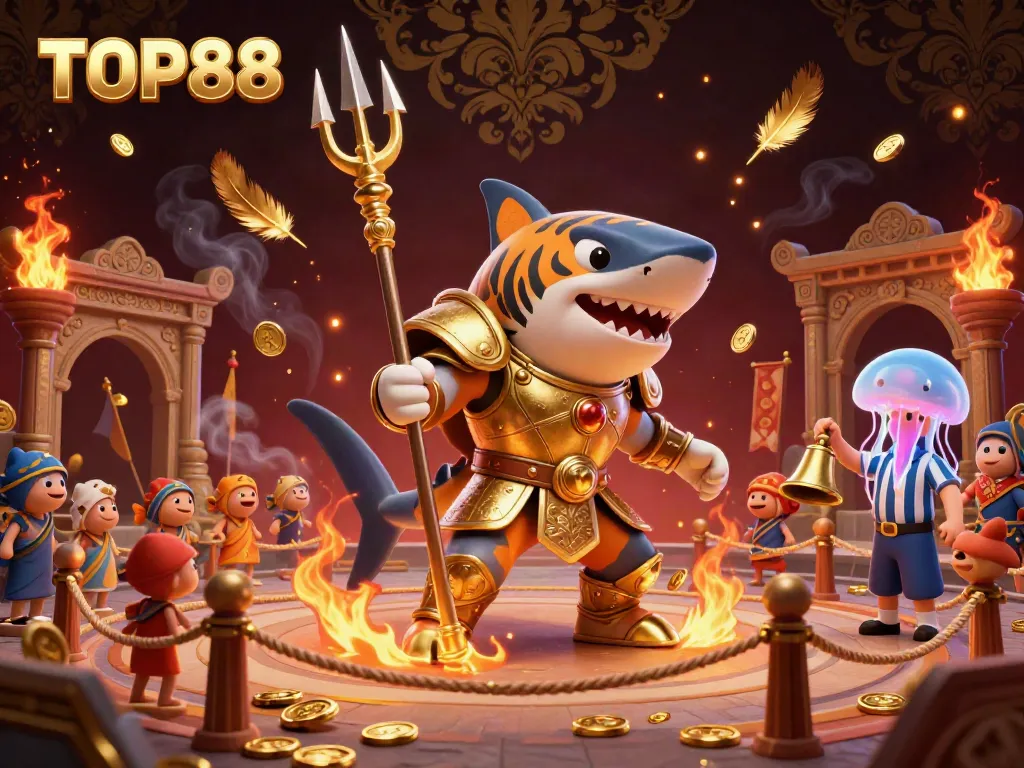 Engage in thrilling gameplay with TOP88, featuring a tiger shark in gladiator armor amid an electrifying underwater colosseum.