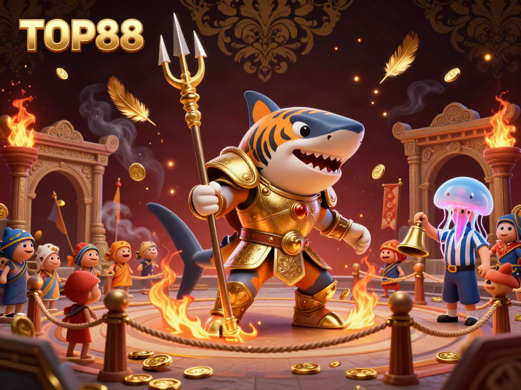 Engage in thrilling gameplay with TOP88, featuring a tiger shark in gladiator armor amid an electrifying underwater colosseum.