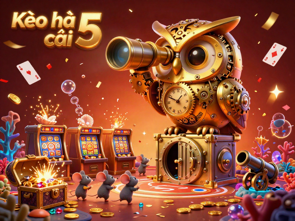 Kèo nhà cái 5 illustration with a golden owl, mouse patrons, and explosive casino elements.