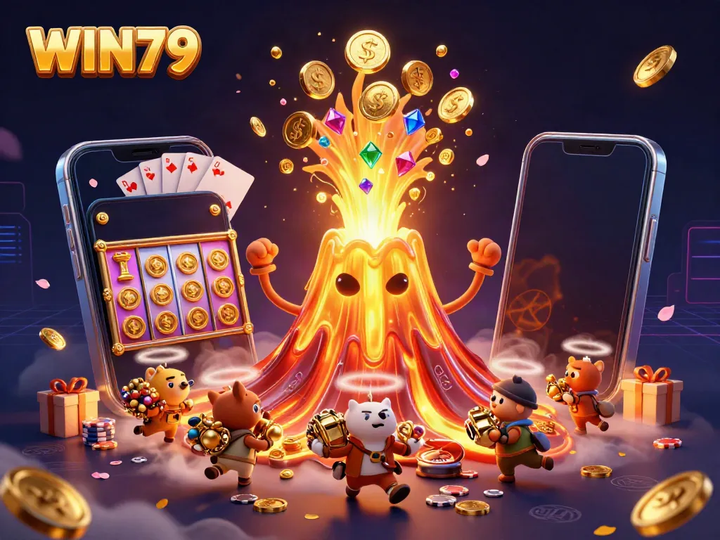 WIN79 showcases a vibrant casino scene with a golden volcano erupting coins and tiny explorers fleeing treasure.