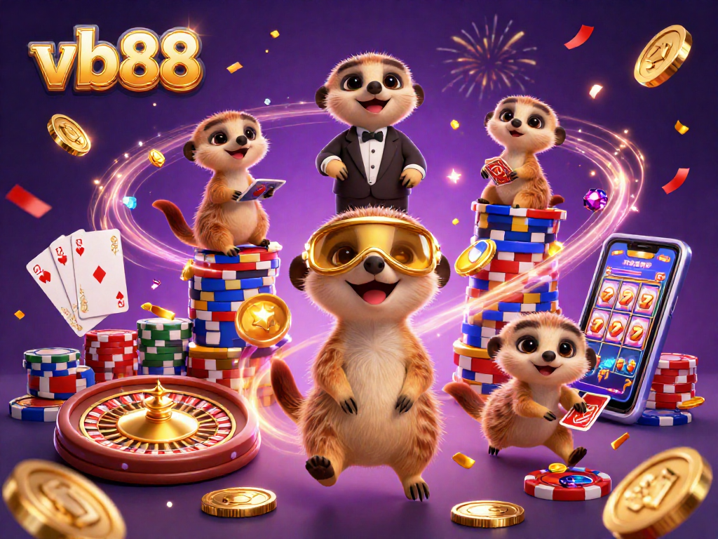 Experience winning with vb88's lively illustrated casino scene featuring meerkats and vibrant gaming elements.