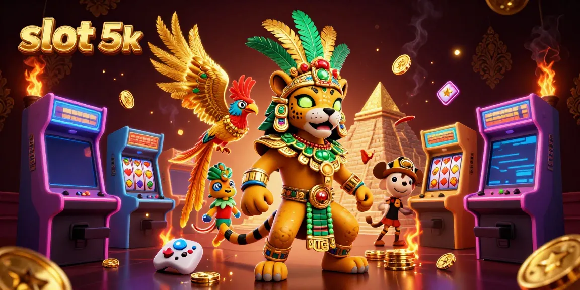 Spin to win with slot 5k, featuring vibrant characters, slot reels, and gaming elements in a dynamic casino scene.