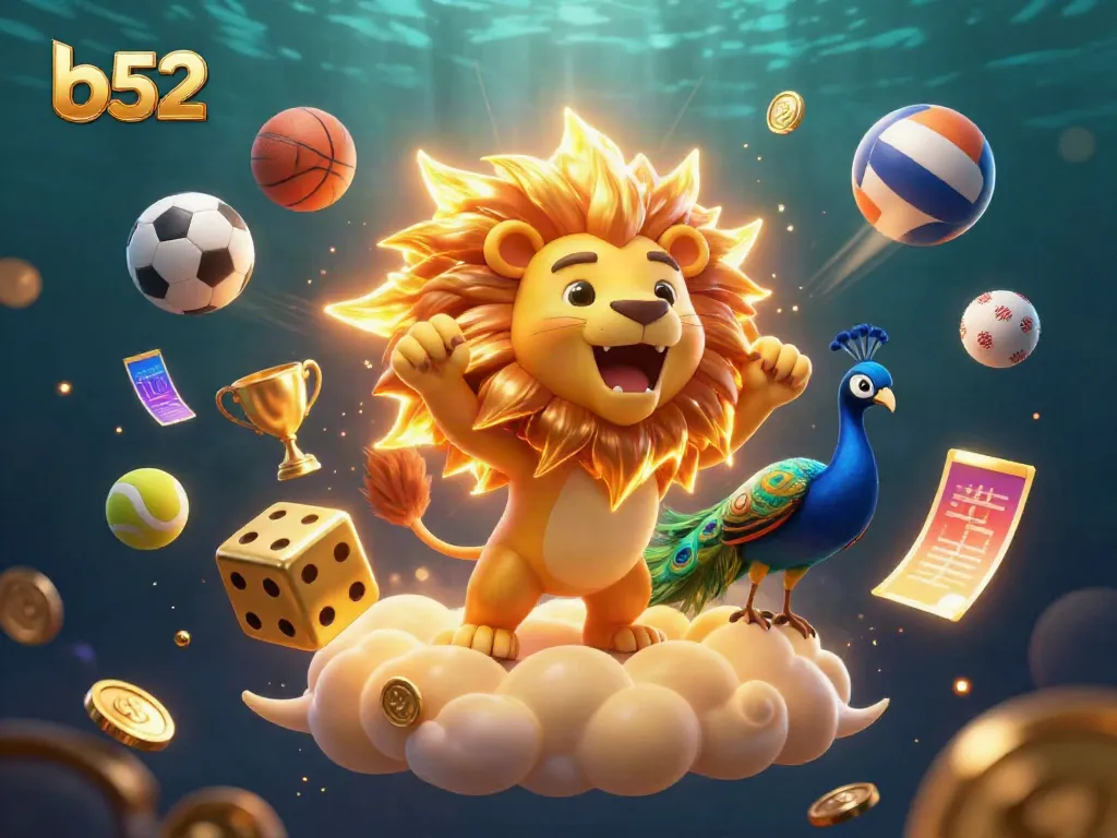 Experience the excitement of B52 with golden dice and vibrant casino elements in a dynamic scene.