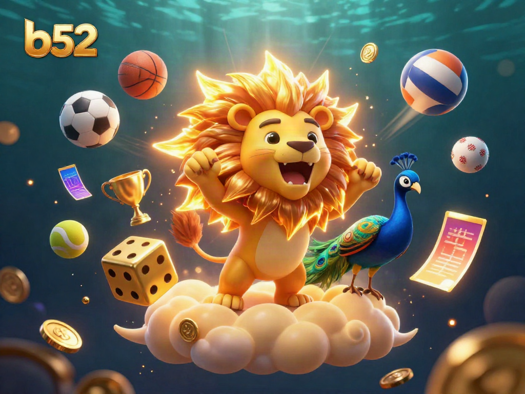 Experience the excitement of B52 with golden dice and vibrant casino elements in a dynamic scene.