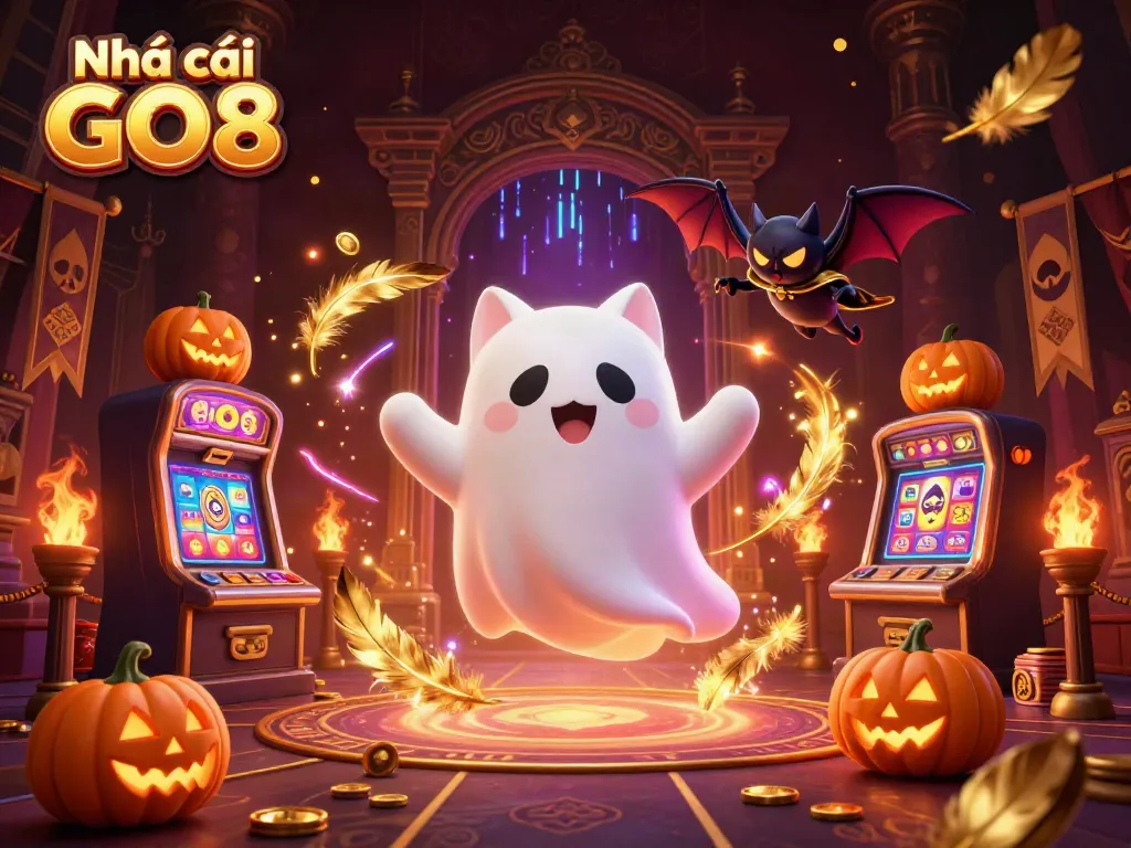 Engage in thrilling gameplay at Nhà cái GO8, with a lively scene featuring a ghost cat, vampire bat, and glowing poker jack-o-lanterns.