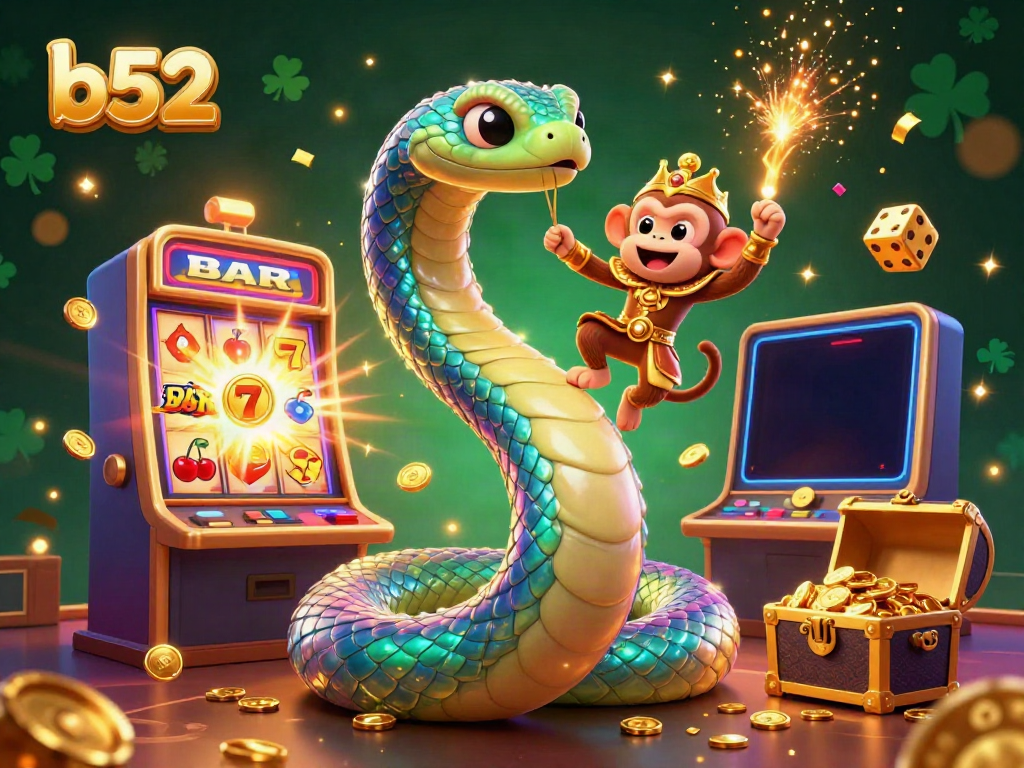 Engage in the vibrant b52 casino experience featuring colorful slot machines and joyful characters.