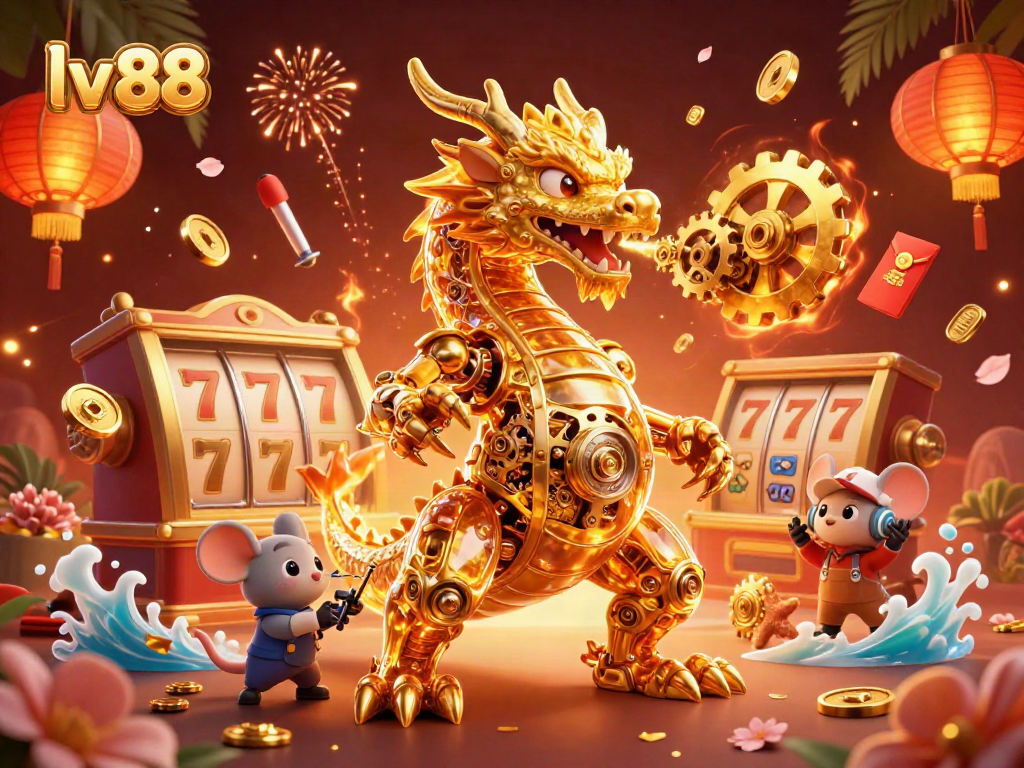Engage with lv 88’s thrilling 3D casino scene featuring dynamic slot elements and a golden dragon.