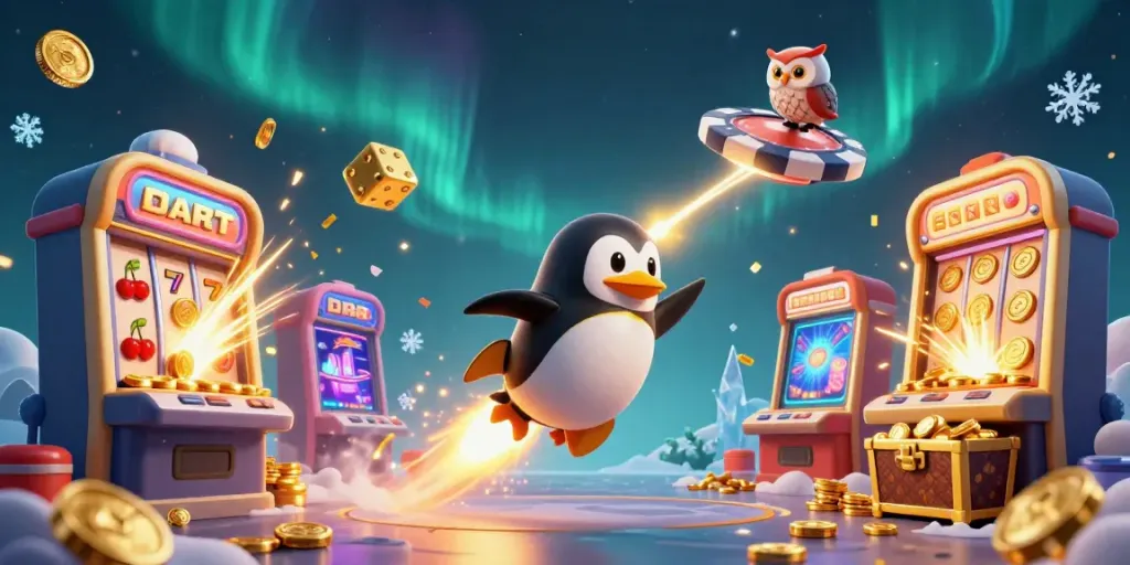 Engage with OXBET's thrilling casino experience through a dynamic 3D scene featuring a rocket-powered penguin amidst a jackpot explosion.
