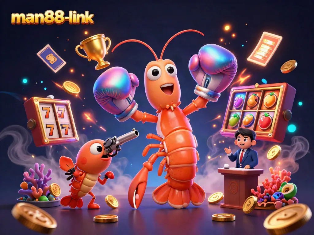 Spin the slots with man88-link's vibrant 3D casino scene featuring a dynamic shrimp duo.