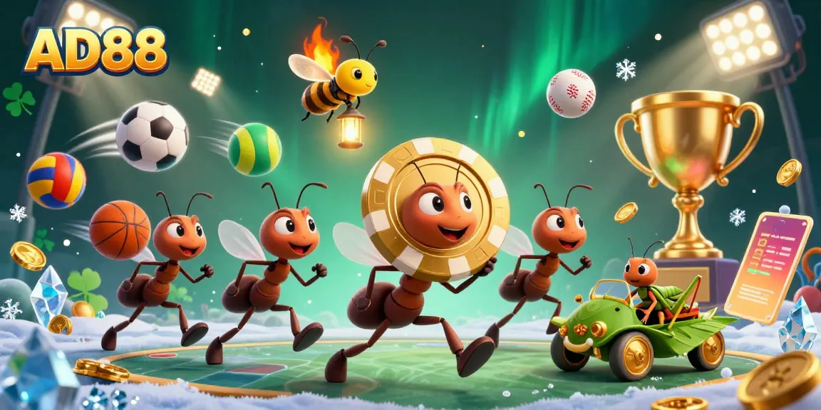 Experience the thrilling world of AD88 with a dynamic heist scene featuring cartoon ants and sports elements.