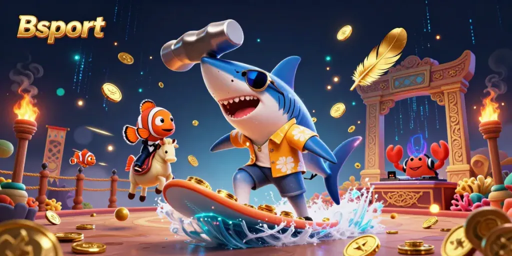 Experience the thrill of Bsport with a shark surfing gold coins amidst vibrant game elements.