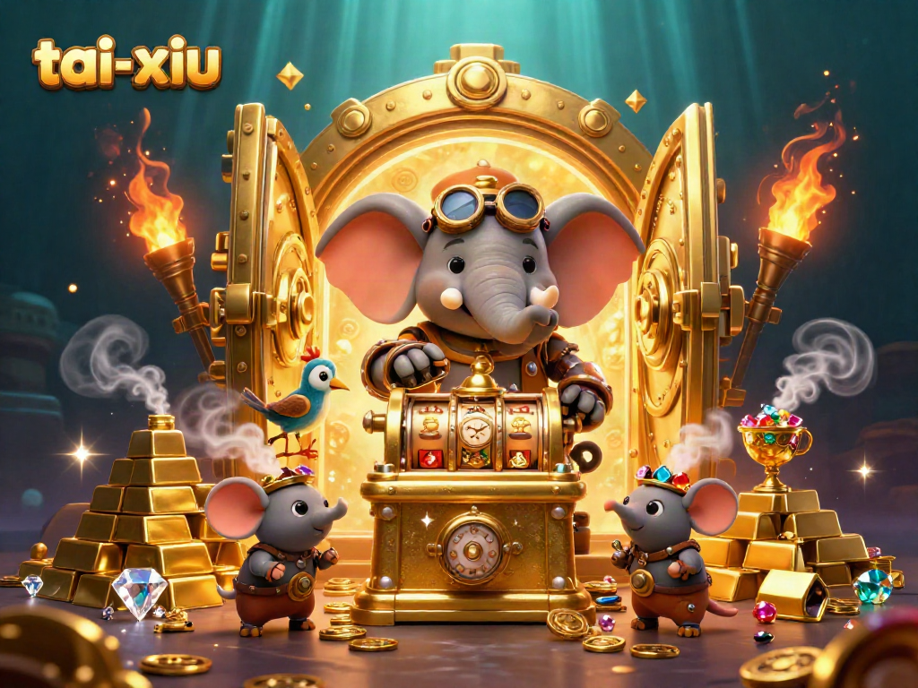 Experience the thrill of tai-xiu with a lively steampunk elephant character operating a slot machine amidst golden treasures.