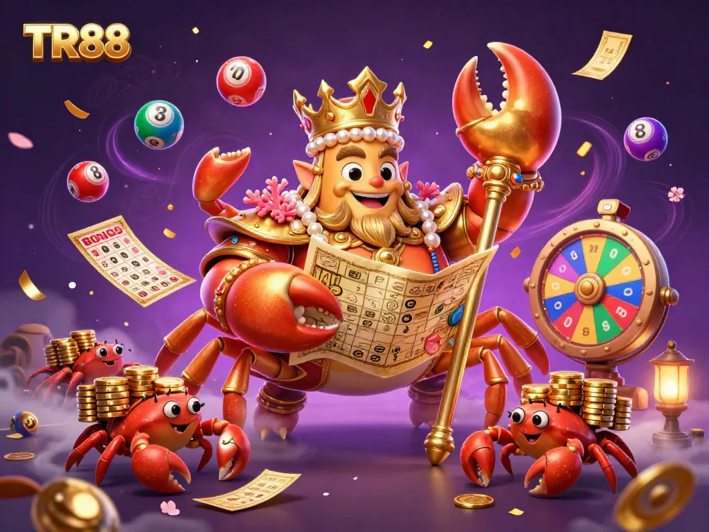 Experience TR88 with a vibrant scene of a golden crab emperor, lottery elements, and swirling cosmic visuals.