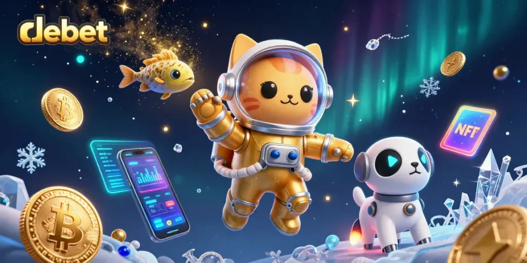 Bettors explore debet's vibrant 3D casino environment filled with digital currency and cosmic themes.