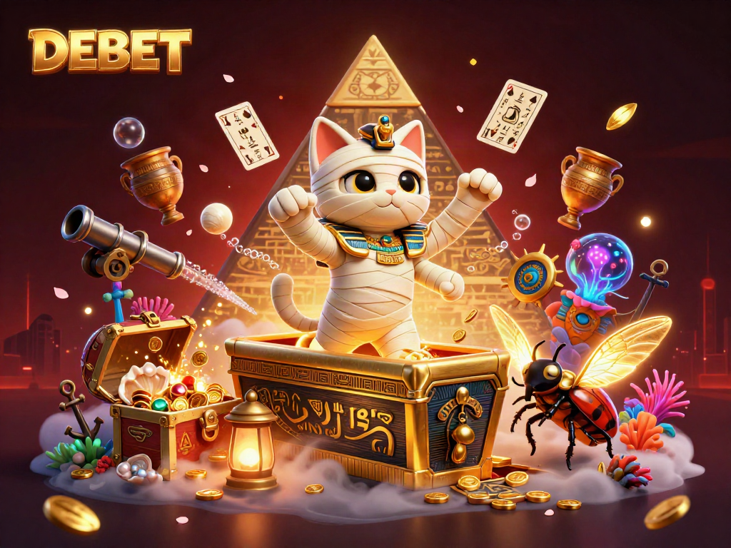 Experience the thrill of DEBET with an Egyptian mummy cat and glowing scarab in a vibrant casino setting.