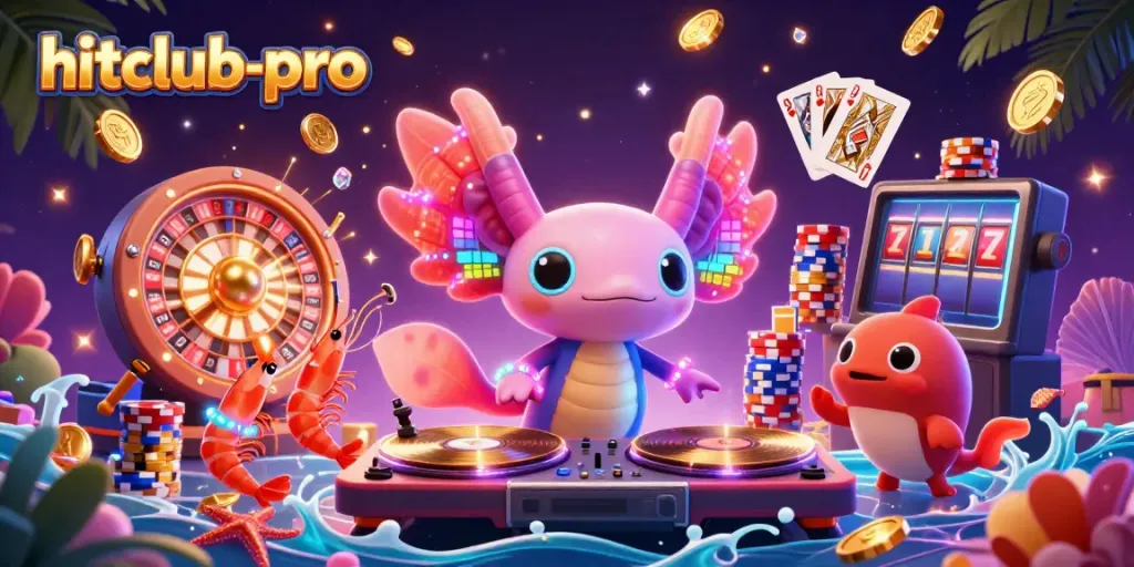 Experience the vibrant energy of hitclub-pro with a DJ axolotl and casino elements swirling in dynamic celebration.