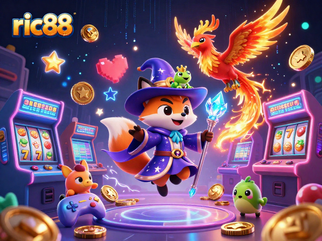 Experience thrilling wins with ric88 in this vibrant 3D casino illustration packed with action.