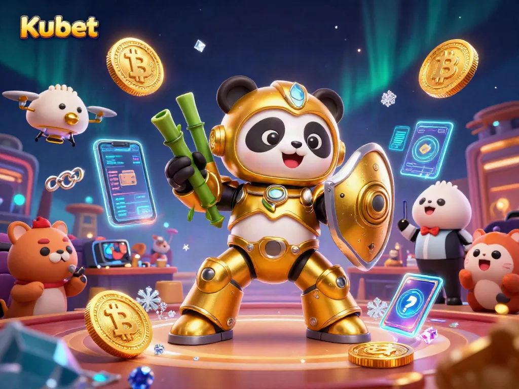 Kubet casino illustration showcasing an engaging mech-suit panda in a vibrant gambling arena.