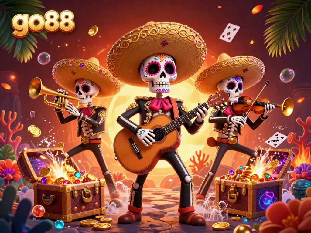 Experience the excitement of go88 with three skeleton mariachi band members amidst a vibrant gaming scene.