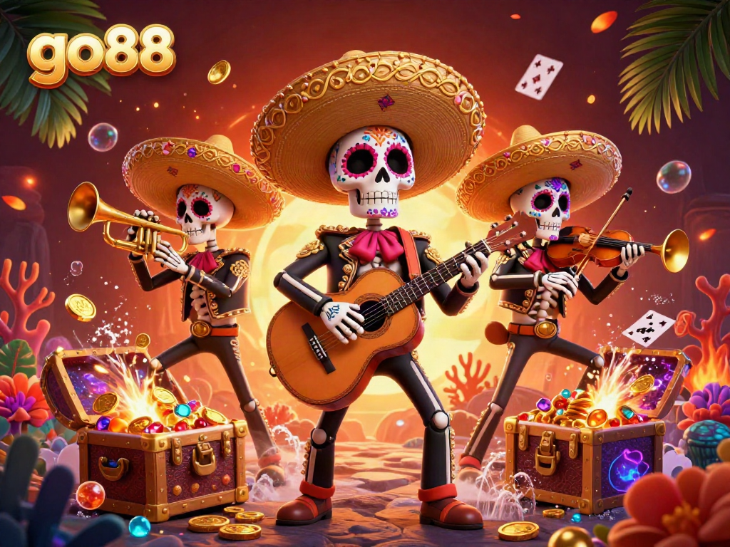 Experience the excitement of go88 with three skeleton mariachi band members amidst a vibrant gaming scene.