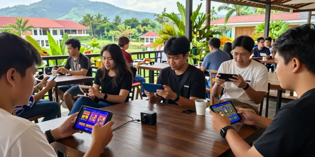 A lively group enjoying Situs gacor games on mobile devices in a vibrant Indonesian setting.