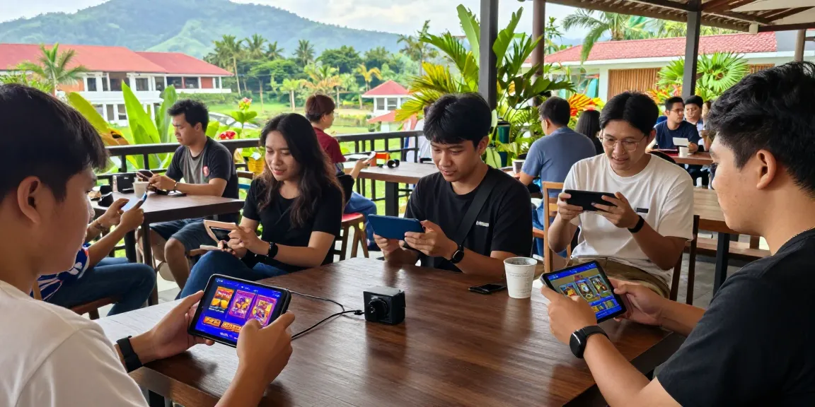 A lively group enjoying Situs gacor games on mobile devices in a vibrant Indonesian setting.