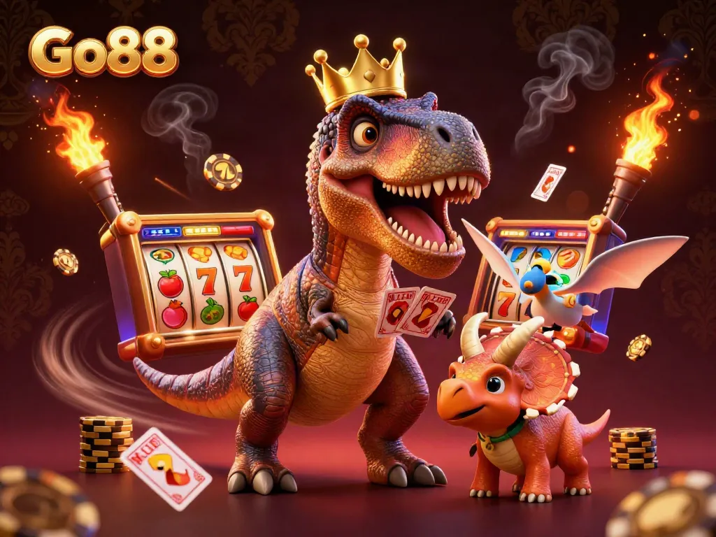 Go88 offers a vibrant scene with a T-Rex shuffling cards, emphasizing fun in online gaming.