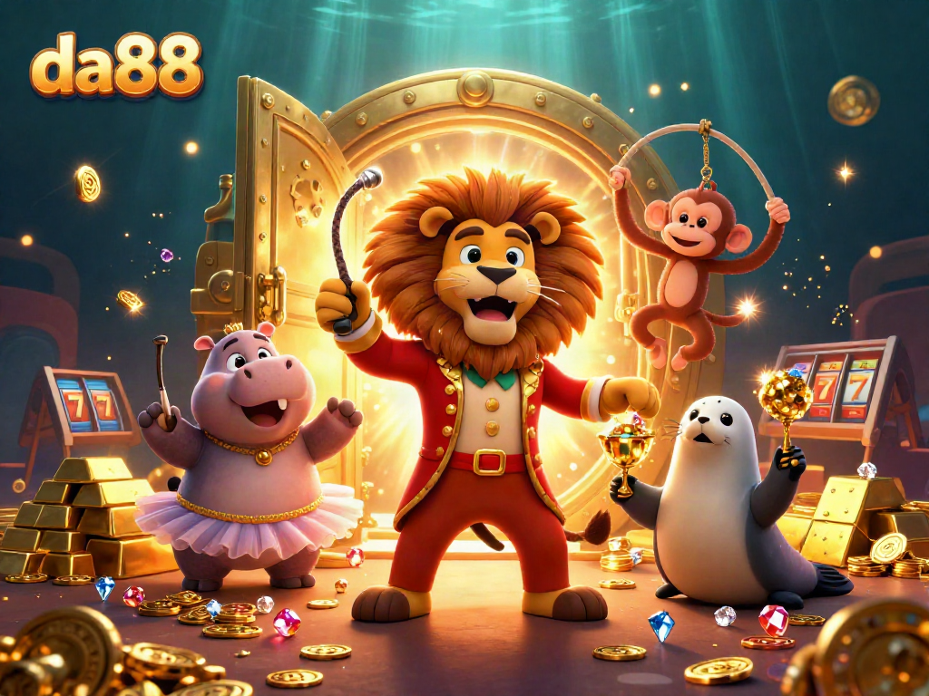 Experience thrilling gameplay at da88 with circus-themed characters amidst gold and jewels.