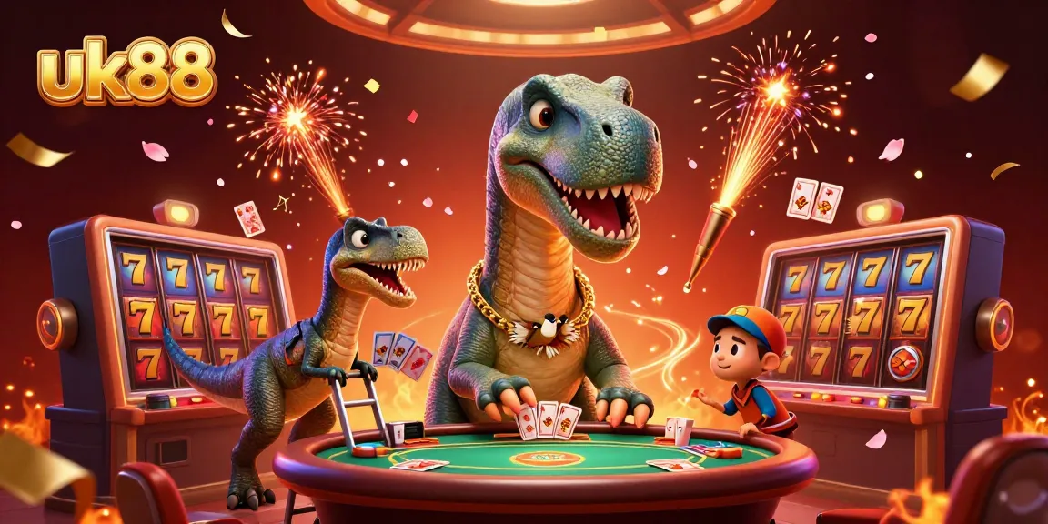 Delve into the vibrant world of uk88 with a lively 3D casino scene showcasing exciting slots and dealers