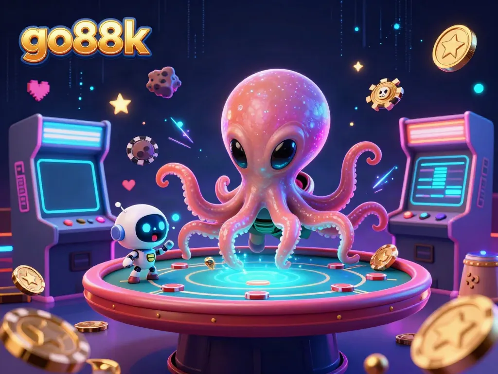 Engage with go88k's thrilling gaming universe featuring a cartoon alien octopus at a holographic poker table.