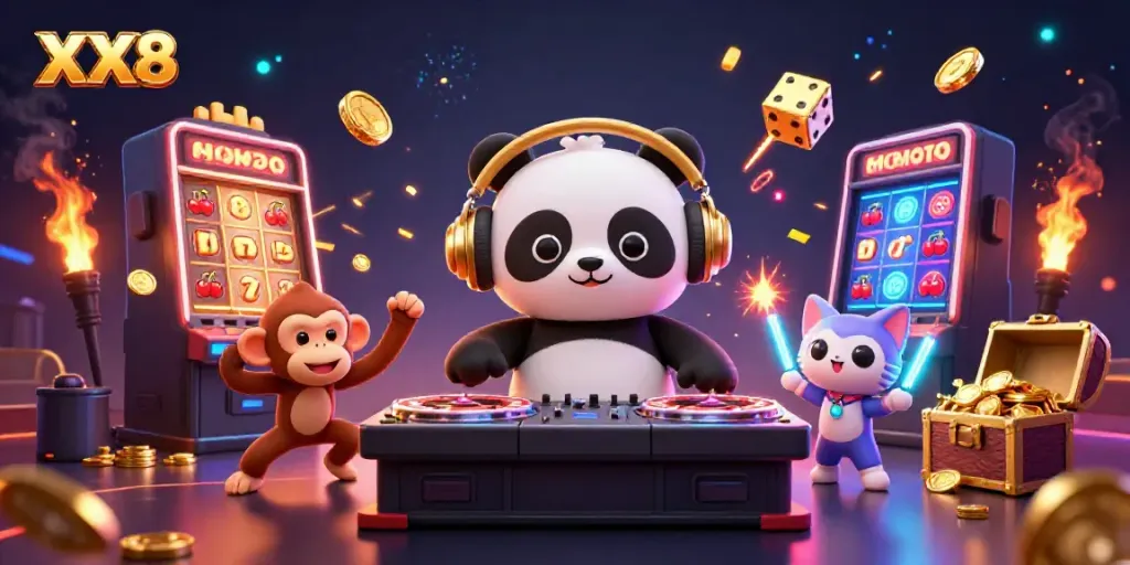 Experience the vibrant energy of XX8 casino gaming with a DJ panda, breakdancing monkey, and rave kitten.