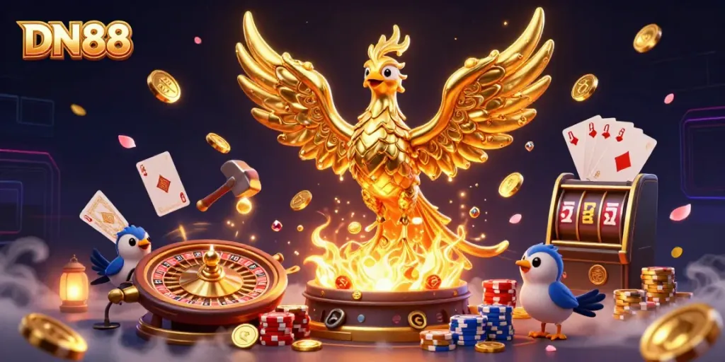 Experience thrilling gameplay with DN88, featuring a molten phoenix and vibrant casino elements.