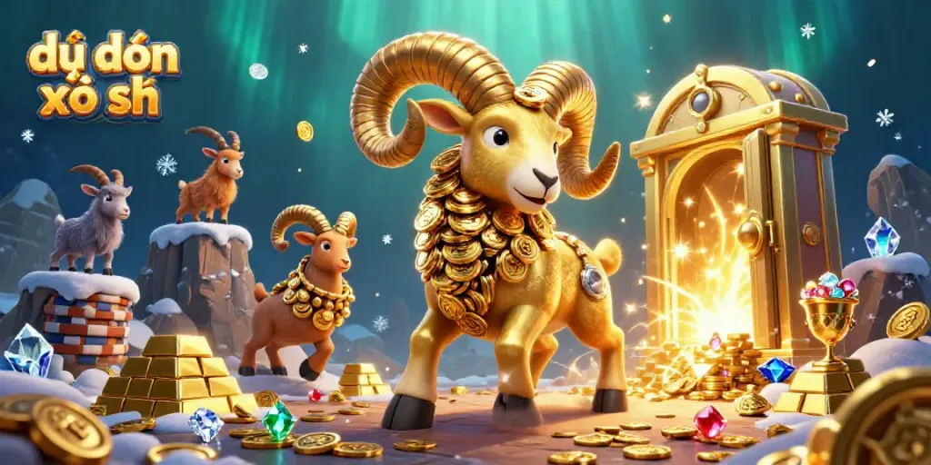 Engage with dự đoán xổ số through a vibrant 3D illustration of a charging golden ram and dynamic casino elements.