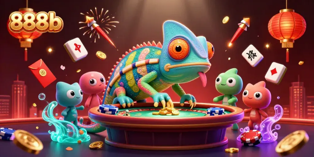 Experience thrilling games and vibrant visuals at 888b, where color-shifting chameleon character interacts with dynamic casino elements.