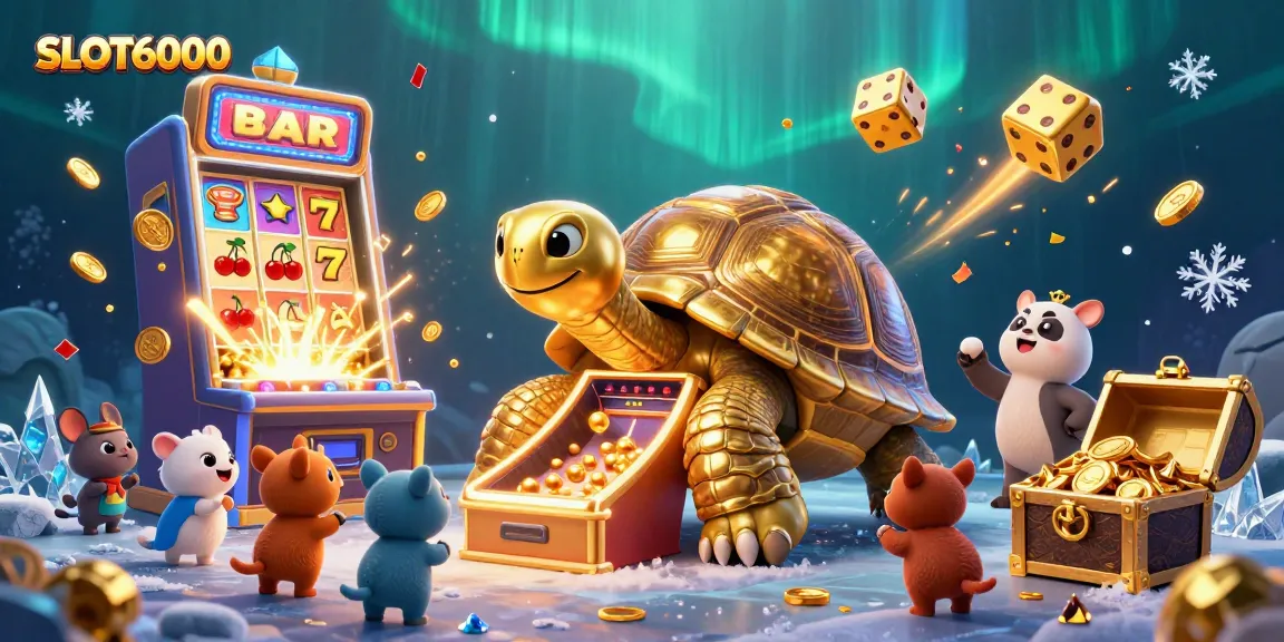 SLOT6000 showcases a golden tortoise pinball machine surrounded by vibrant slot elements and excited animals.