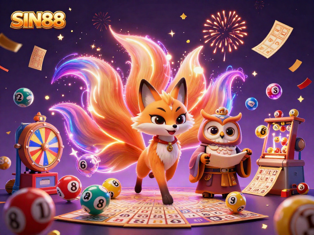 SIN88's vibrant nine-tailed fox spirit and owl sage depicted in a lively casino scene with colorful lottery elements.