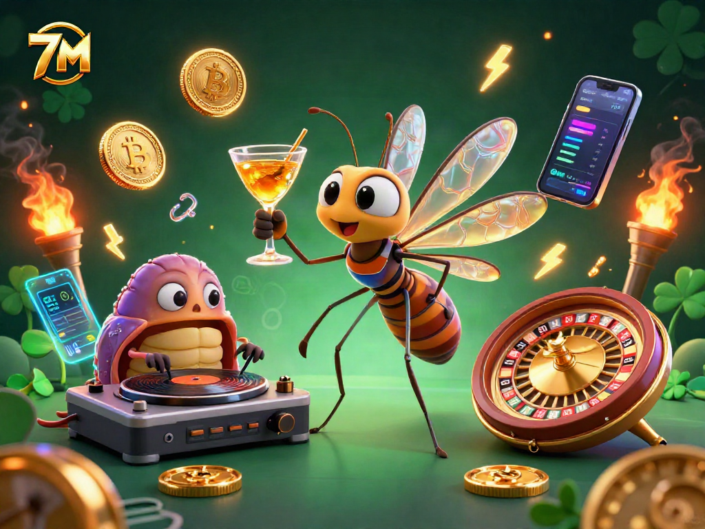Engage with 7M's dynamic casino experience showcasing animated characters in a vibrant gambling scene.