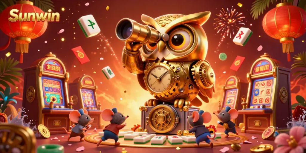 Experience the action-packed ambiance of Sunwin casino featuring lively slot machines and a whimsical golden owl.