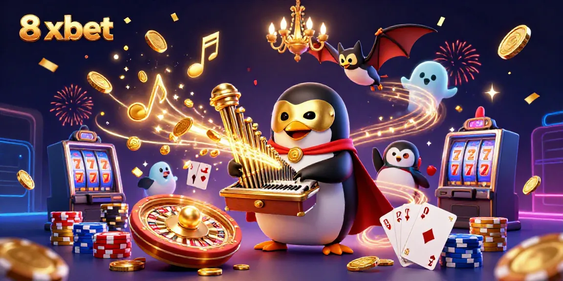 Experience the thrilling world of 8xbet with a dynamic casino scene featuring cartoon penguins and golden coins.