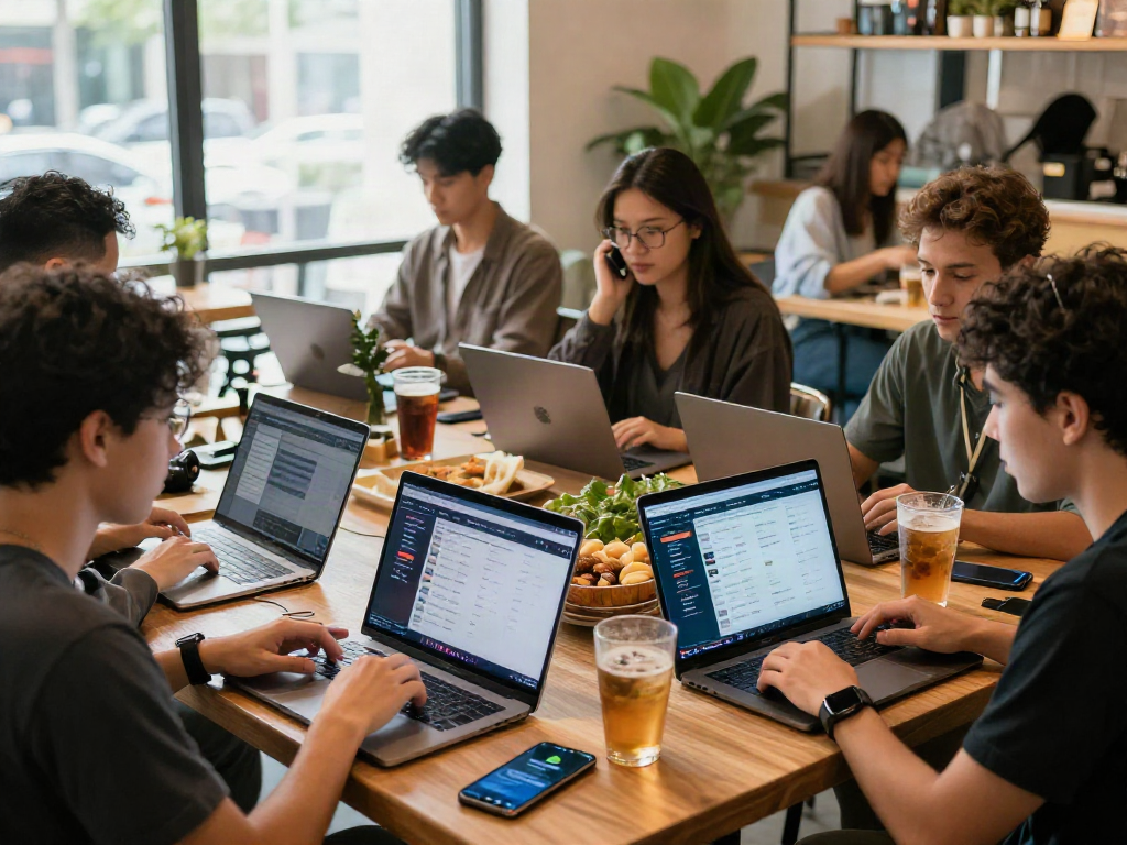Engaged community discussing 먹튀스팟 insights at café, showcasing modern betting culture.