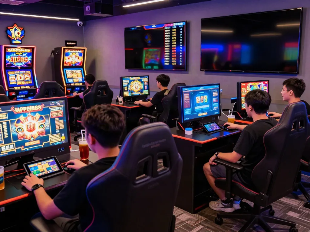 Players engaging with slot games at a vibrant SAPPORO88 link gaming lounge.
