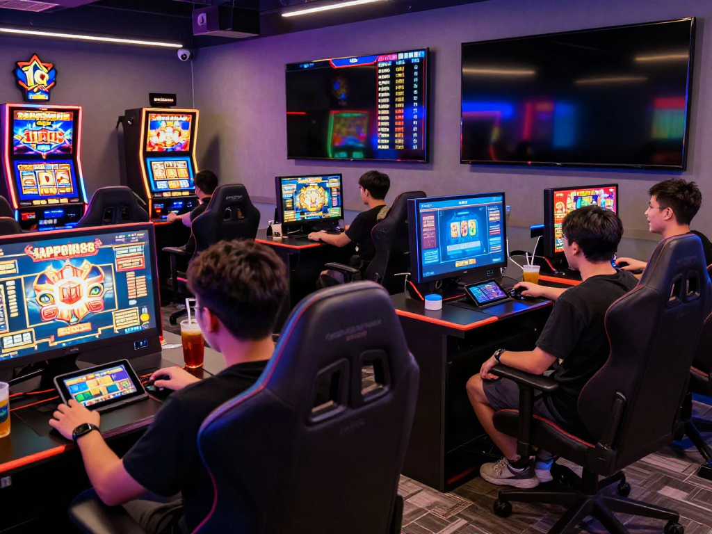 Players engaging with slot games at a vibrant SAPPORO88 link gaming lounge.