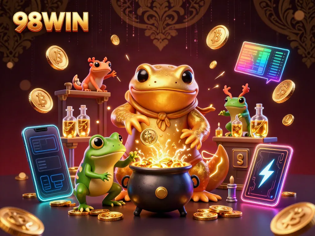 Experience the vibrant world of 98WIN in a rich casino-themed 3D illustration.