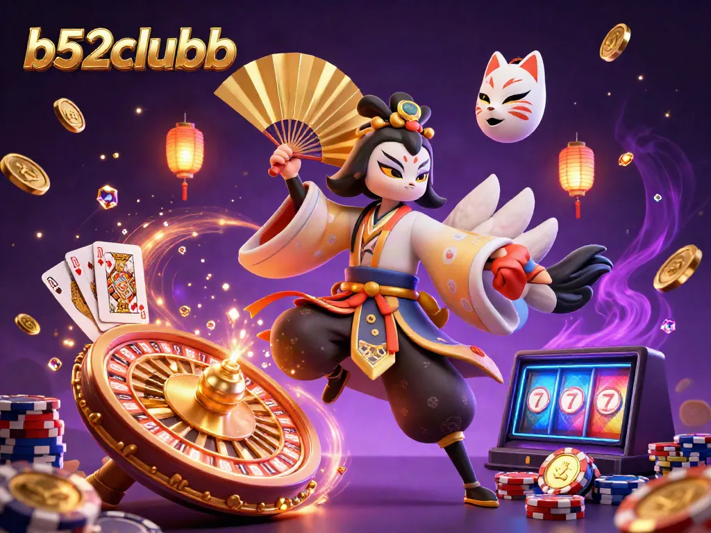 Experience thrilling gameplay at b52clubb with dynamic action featuring a kabuki warrior and vibrant casino elements.