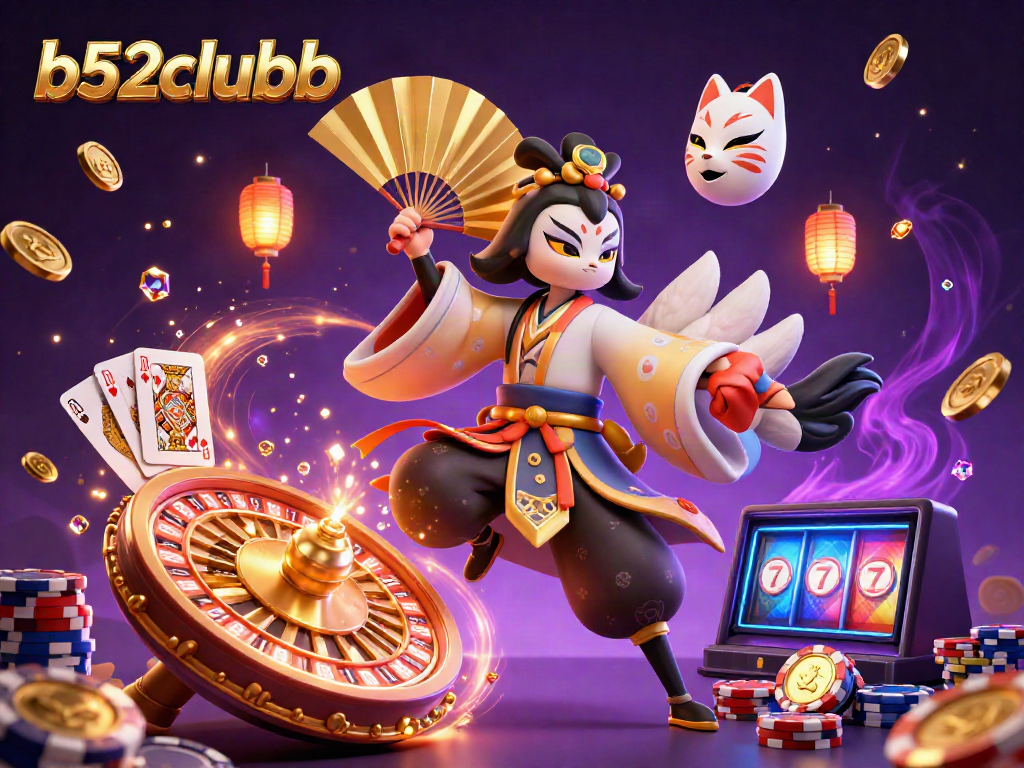 Experience thrilling gameplay at b52clubb with dynamic action featuring a kabuki warrior and vibrant casino elements.