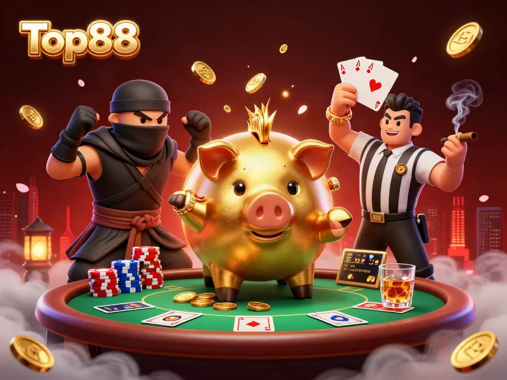 Witness the power of Top88 as a golden piggy bank sumo wrestler stirs excitement at a colorful poker game.